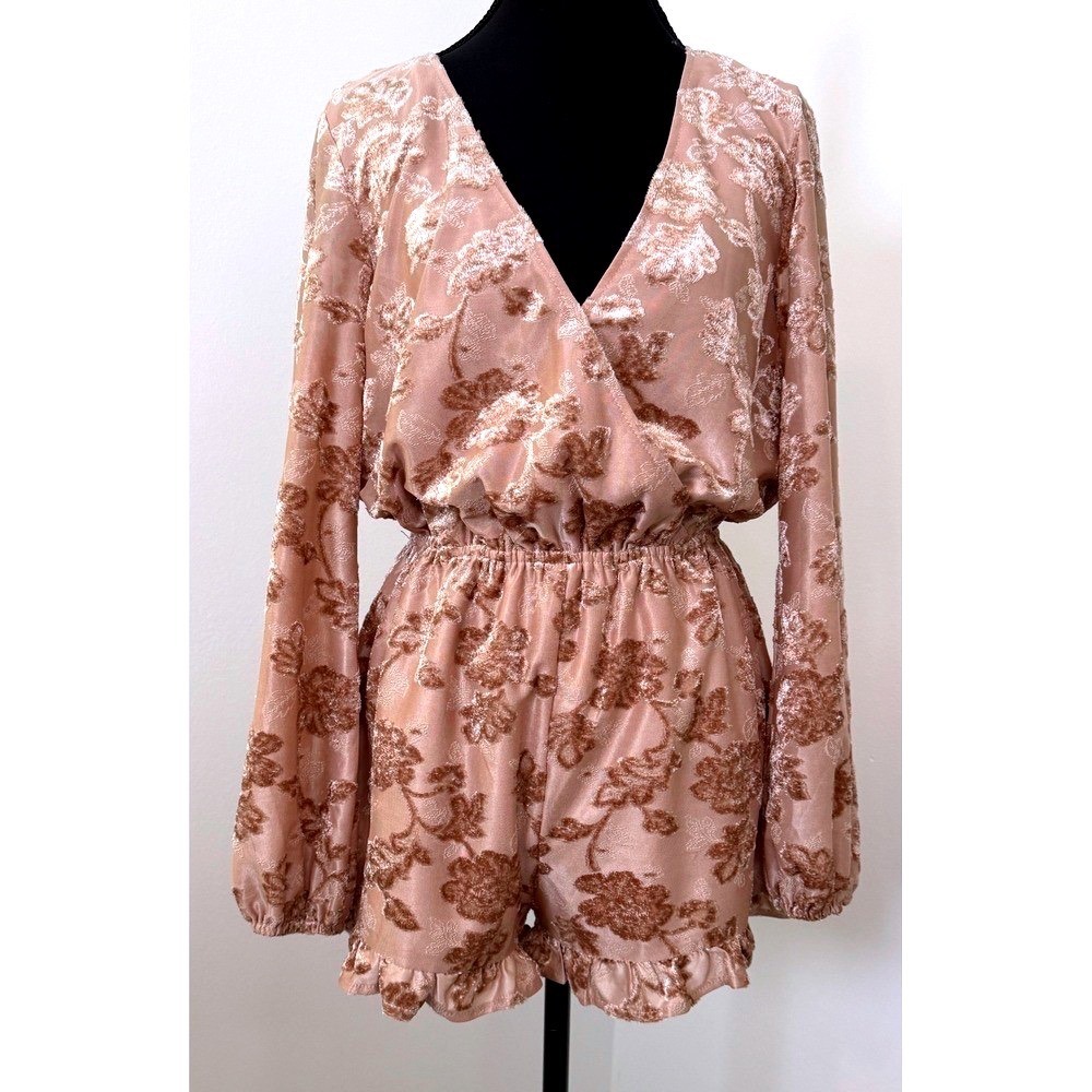 Wild Honey Burnout Velvet Floral Romper Rose Gold Long Sleeve Ruffle Small